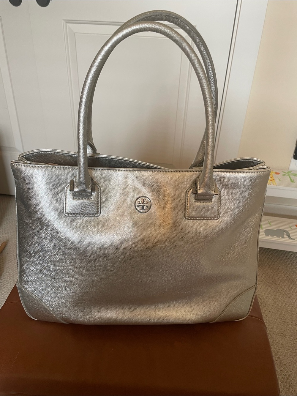 Tory Burch Metallic Silver Saffiano Tote